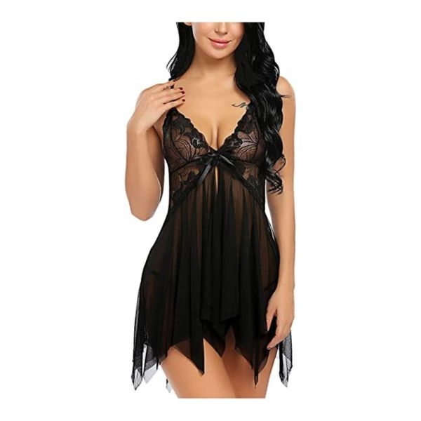 Fancyra Women's Net Lace Lingerie Set V Neck Sheer Asymmetrical Babydoll with G-String Night Suit Free Size Black Color - Image 2