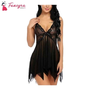 Fancyra Women's Net Lace Lingerie Set V Neck Sheer Asymmetrical Babydoll with G-String Night Suit Free Size Black Color