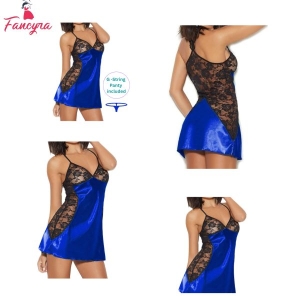 Fancyra Women'S Nightgown Lingerie Sleepwear Lace Satin Nighty Nightwear With G String Panty Free Size Dark Blue Color