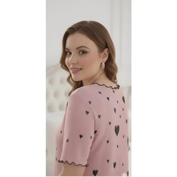 Fancyra Women’s Pink Heart Print Night Dress Soft Cotton Lounge Wear Cute Short Sleeve Nighty - Image 3