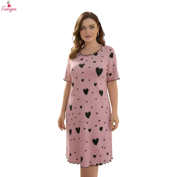 Fancyra Women’s Pink Heart Print Night Dress Soft Cotton Lounge Wear Cute Short Sleeve Nighty