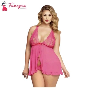 Fancyra Womens Polyester Nightwear Babydoll Dress With G String Panty Free Size Pink Color