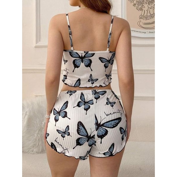 Fancyra Women’s Ribbed Cotton Butterfly Print Crop Camisole & Shorts Pajama Set - Image 4