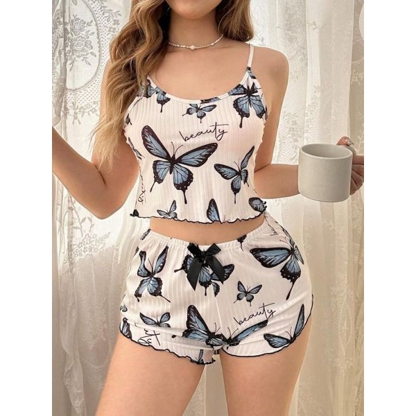 Fancyra Women’s Ribbed Cotton Butterfly Print Crop Camisole & Shorts Pajama Set - Image 5