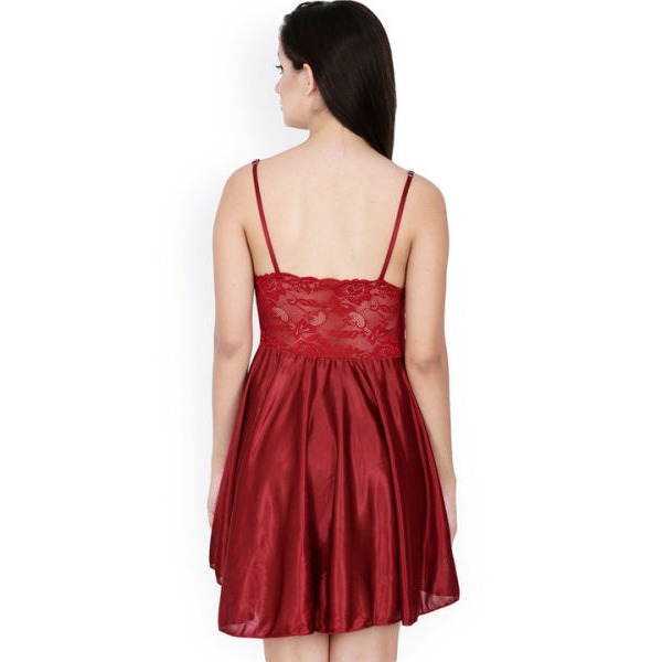 Fancyra Womens Satin and Lace Babydoll Nightdress for Honeymoon Wedding Night Free Size Red Color - Image 2