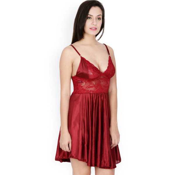 Fancyra Womens Satin and Lace Babydoll Nightdress for Honeymoon Wedding Night Free Size Red Color - Image 3