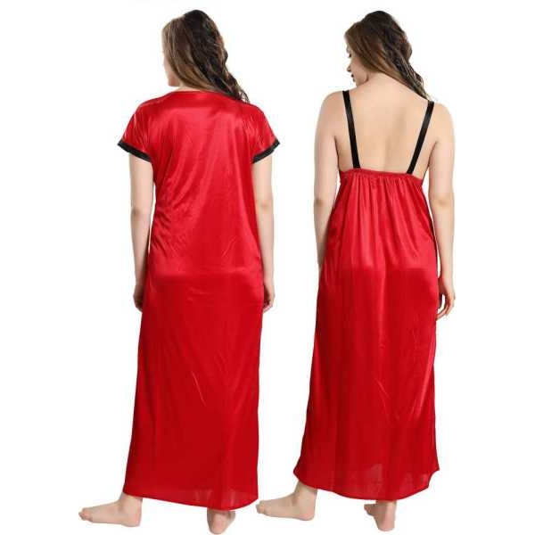 Fancyra Women'S Satin Solid Maxi Nighty With Robe Free Size Red Color - Image 2