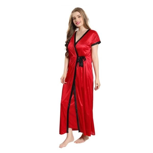Fancyra Women'S Satin Solid Maxi Nighty With Robe Free Size Red Color - Image 4