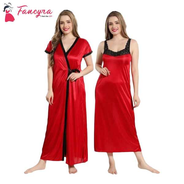 Fancyra Women'S Satin Solid Maxi Nighty With Robe Free Size Red Color