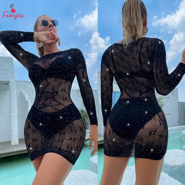 Fancyra Women's Sparkly Rhinestone Fishnet Dress Long Sleeve Bodystocking Lingerie - Image 2
