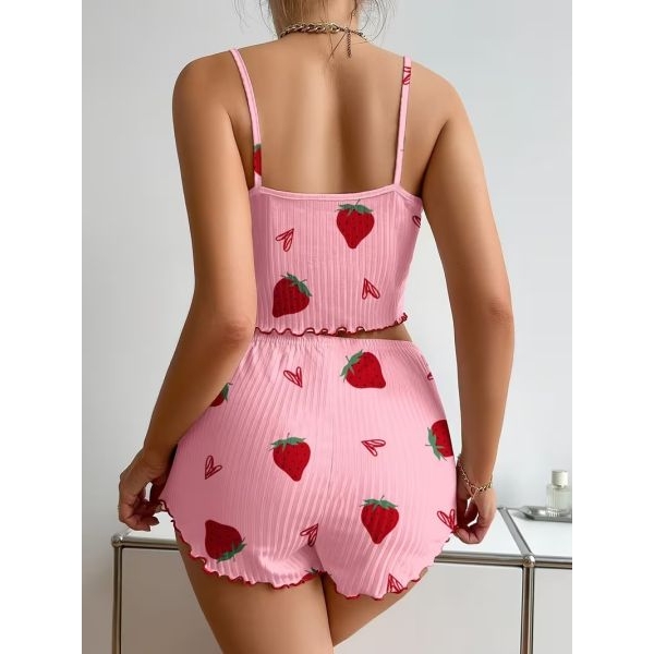Fancyra Women's Strawberry Print Camisole And Shorts Pajama Set - Image 2
