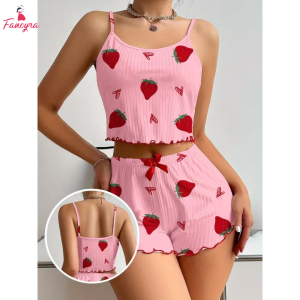 Fancyra Women's Strawberry Print Camisole And Shorts Pajama Set