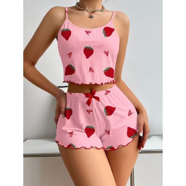 Fancyra Women's Strawberry Print Camisole And Shorts Pajama Set - Image 5