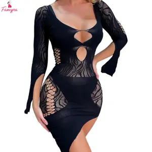 Fancyra WomenTight Stripes Hot Drill Temptation Perspective Mesh Bodystocking Lingerie