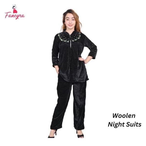 Fancyra Woolen Blend Women Top & Pajama Set Black Embroidered Nightwear - Image 2