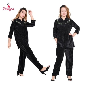 Fancyra Woolen Blend Women Top & Pajama Set Black Embroidered Nightwear