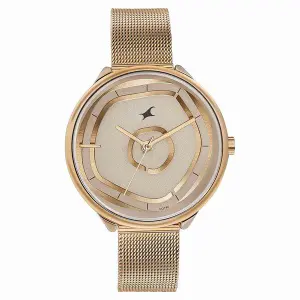 Fastrack Stunners Quartz Multifunction Rose Gold Dial Stainless Steel Strap Watch for Girls