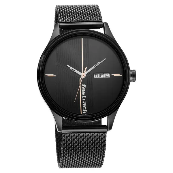 Fastrack Style Up Quartz Analog with Day and Date Black Dial Stainless Steel Strap Watch for Guys - Image 2