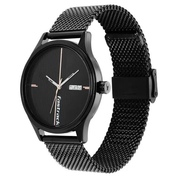 Fastrack Style Up Quartz Analog with Day and Date Black Dial Stainless Steel Strap Watch for Guys - Image 4