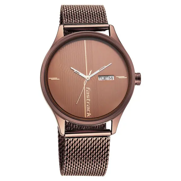 Fastrack Style Up Quartz Analog with Day and Date Brown Dial Stainless Steel Strap Watch for Guys - Image 2