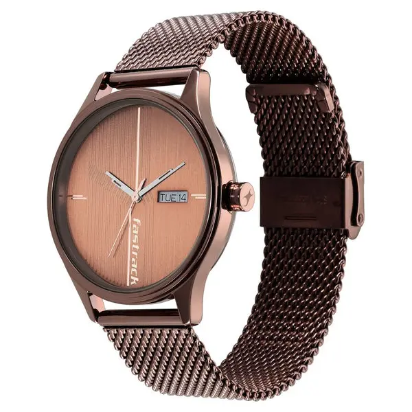 Fastrack Style Up Quartz Analog with Day and Date Brown Dial Stainless Steel Strap Watch for Guys - Image 4
