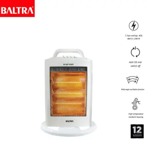 BALTRA Thunder Halogen Heater | BTH 151 | 3 heating levels: 400, 800 & 1200 W | Wide angle oscillating function | Auto switch off when unit tilts over | High temperature resistant housing | High efficiency, energy saving | Cool touch cabinet | 1200 W