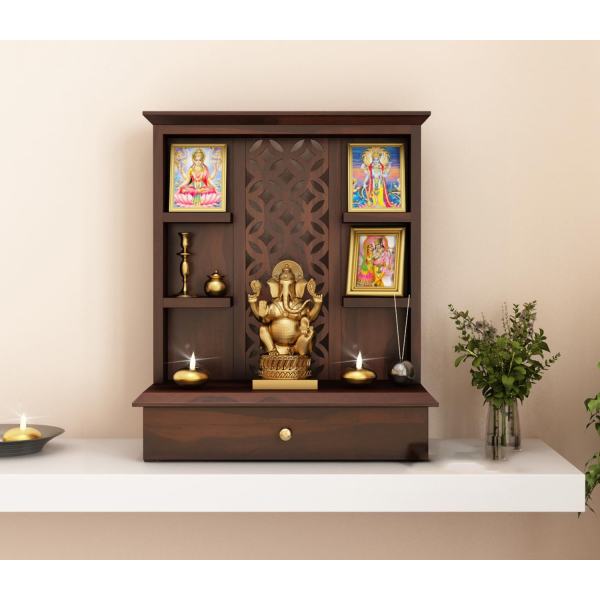 Satyam Temple l Home Wooden Mandir Pooja Stand for Home and Office Wall And Table Worship Idol And Frame Holder in Walnut Finish - Image 2