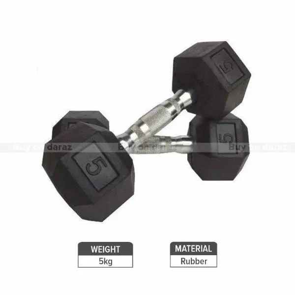 Fitness Dumbbell Pair 2 X 5Kg Rubber Hex Dumbbells Dumbell Pair - Image 2