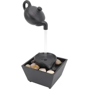 Floating Teapot Water Fountain Ornament-Waterfall Decoration Chinese Tea Culture Style Creative and Artistic with Stones LED Lights for Office
