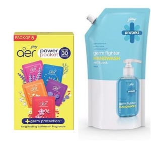Godrej Aer Power Pocket Bathroom Fragrance | Assorted Pack of 5 (50g) & Godrej Protekt Handwash Refill, Aqua - 750ml, 99.9% Germ Protection, With Glycerin