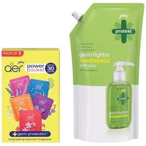 Godrej Aer Power Pocket Bathroom Fragrance | Assorted Pack of 5 (50g) & Godrej Protekt Handwash Refill, Lime - 750ml, 99.9% Germ Protection, With Glycerin