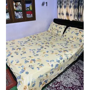 Golden Floral Printed King Size Bedsheet With Two Pillow Covers