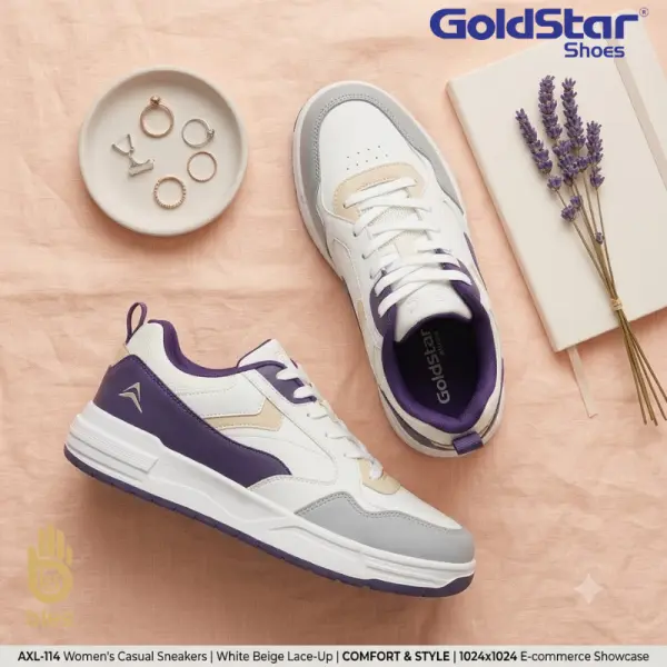 Goldstar AXL-114 Women's Casual Sneakers Beige Purple Lace-Up Comfort Shoes - Image 5