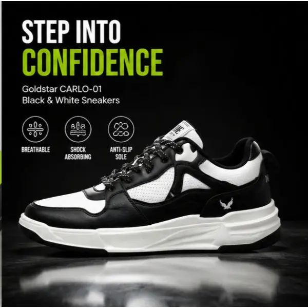 Goldstar CARLO-01 Unisex Sneakers Black White and white/blue | Trendy Casual Walking Shoes - Image 3