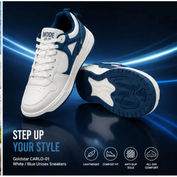 Goldstar CARLO-01 Unisex Sneakers Black White and white/blue | Trendy Casual Walking Shoes - Image 5