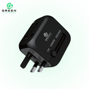 Green ADP‑20 Universal Travel Adapter | 150+ countries | 3 charging ports: 2× USB-A + 1× USB-C PD (20W) | lightweight design | Built-in 6A safety fuse and safety shutters | LED power indicator | Supports 100–240V worldwide voltage input