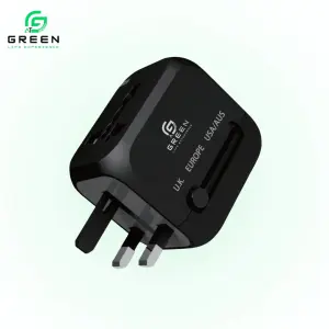 Green ADP‑20 Universal Travel Adapter | 150+ countries | 3 charging ports: 2× USB-A + 1× USB-C PD (20W) | lightweight design | Built-in 6A safety fuse and safety shutters | LED power indicator | Supports 100–240V worldwide voltage input