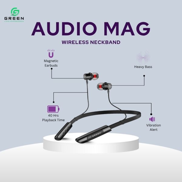 Green Audio Mag Neckband | Magnetic Ear-Buds | Magnetic Power On-Off | Noise Reduction Echo Cancellation | 40 Hours Music Time | X-Bass Heavy Bass | Call Vibration | Voice Activated Dialing | BT version 5.3 | F-10 Horn Driver | 300mAh Capacity | type-c - Image 2
