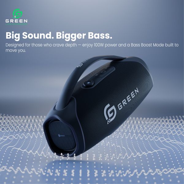 Green Bassbox Portable Wireless Bluetooth Speaker | 100W Output | Quad Speaker | Powerful Bass | Stereo Sound | Dual EQ Modes | BT 5.3 | 8H Playback Time | IPX5 | RGB Lights | 6000mAh Battery | Type-C Charging | FM | USB | TF | AUX | Mic - Image 4