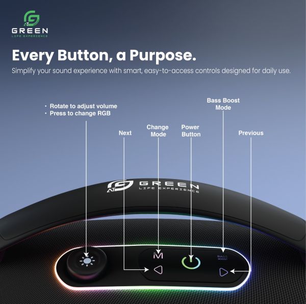 Green Bassbox Portable Wireless Bluetooth Speaker | 100W Output | Quad Speaker | Powerful Bass | Stereo Sound | Dual EQ Modes | BT 5.3 | 8H Playback Time | IPX5 | RGB Lights | 6000mAh Battery | Type-C Charging | FM | USB | TF | AUX | Mic - Image 5