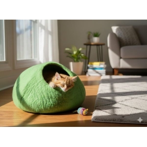 Green Color Felt Cat Cave, Cat Bed, Cat House, Pet Bed, Handmade 100% Wool for Cat & Kitten