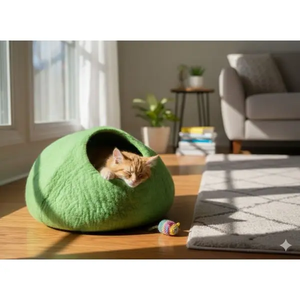 Green Color Felt Cat Cave, Cat Bed, Cat House, Pet Bed, Handmade 100% Wool for Cat & Kitten - Image 5