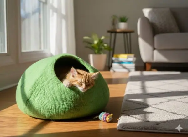 Green Color Felt Cat Cave, Cat Bed, Cat House, Pet Bed, Handmade 100% Wool for Cat & Kitten