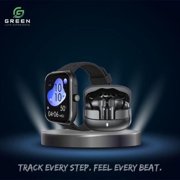 Green Combo Airbeat-520 Dual Mic ENC Earbuds & vision Fit metallic Smartwatch | 2.04" Super Amoled Display | BT Calling | IP68 | Nepali Language | BT V5.2 | 260mAh | 15 Days working | earbuds | 30H Of Playtime | IPX4 | Dual Mic | 6 Hours working - Image 2