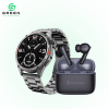 green Combo Orbit Pro Luxury Smart Watch & Leaf-161 True ENC Wireless Gaming Earbuds | 50 Hours | Quad Mic | Dual EQ Modes | BT Version 5.3 | 45ms Low Latency & 1.43" AMOLED Display | Metallic Body Steel & Leather Strap | 3D Watch Faces | BT Calling