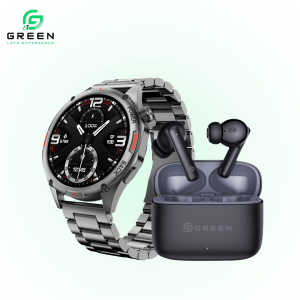 green Combo Orbit Pro Luxury Smart Watch & Leaf-161 True ENC Wireless Gaming Earbuds | 50 Hours | Quad Mic | Dual EQ Modes | BT Version 5.3 | 45ms Low Latency & 1.43" AMOLED Display | Metallic Body Steel & Leather Strap | 3D Watch Faces | BT Calling