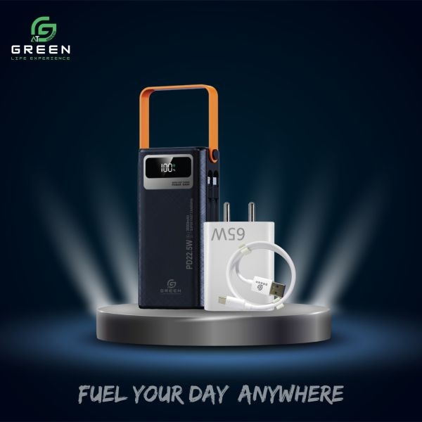 Green Combo Thunder x4 Powerbank & UV-65 Charger | 65W Flash charger | QC3.0 Power Adapter & 100CM USB To Type-c Data Cable For Android | Multiple Fast Charging Technologies | 30000mAh PD Fast Charging | Attach Wire |Flash Light | 22.5W | PD Fast Charging - Image 2