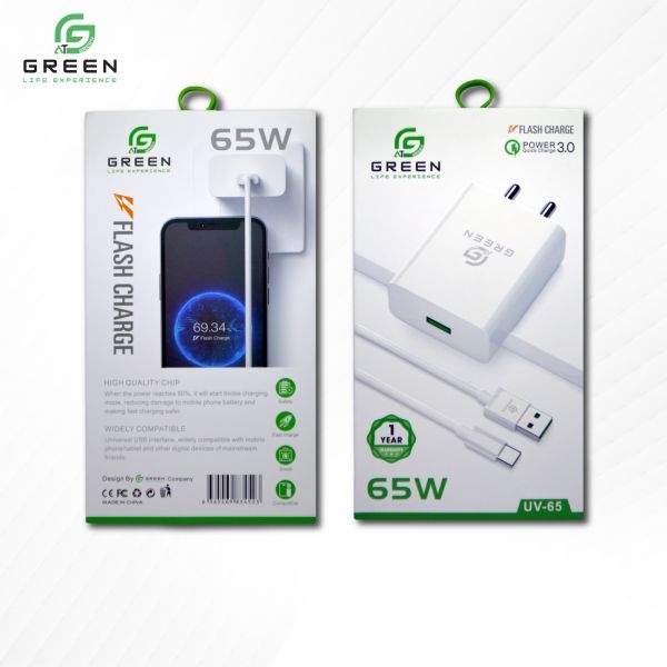 Green Combo Thunder x4 Powerbank & UV-65 Charger | 65W Flash charger | QC3.0 Power Adapter & 100CM USB To Type-c Data Cable For Android | Multiple Fast Charging Technologies | 30000mAh PD Fast Charging | Attach Wire |Flash Light | 22.5W | PD Fast Charging - Image 3