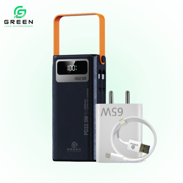 Green Combo Thunder x4 Powerbank & UV-65 Charger | 65W Flash charger | QC3.0 Power Adapter & 100CM USB To Type-c Data Cable For Android | Multiple Fast Charging Technologies | 30000mAh PD Fast Charging | Attach Wire |Flash Light | 22.5W | PD Fast Charging