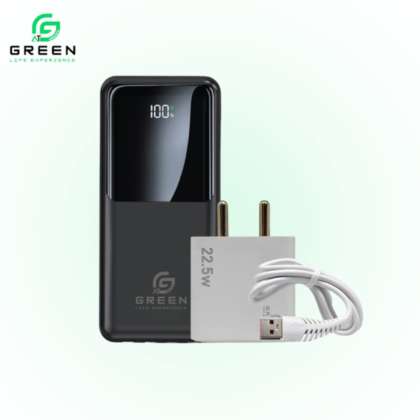 Green Combo Turbo-20 Powerank & UV-22.5 Type-c Charger | 20000mAh Fast Powerbank | 22.5W | PD Fast Charging | Attached Wire | Digital Display | 22.5W Fast charger | Auto ID LED Indicators | QC3.0 Power Adapter & 100CM USB Data cable | 6 months Warranty